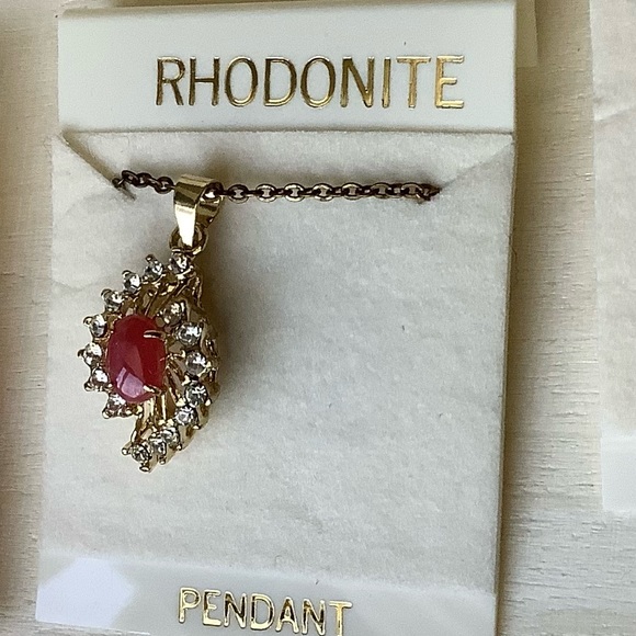 TLC New pink Rhodonite split halo pendant necklace - Picture 3 of 4